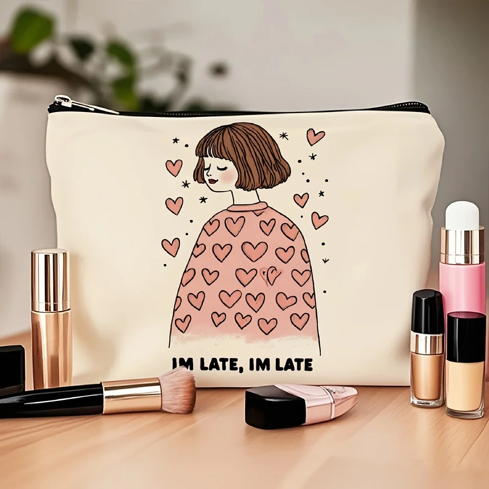 하트 모양 패턴과 'I'M LATE' 텍스트 디자인 메이크업 가방 - 다기능 지퍼 파우치, 보석 보관 가방, 완벽한 여행용