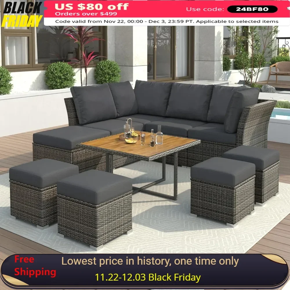 Garden Sofa, Set of 10, Rattan Sofa Parlor Cushion Seat and Pillows, with Coffee Table and 4 Footstools, Patio Sofa Set