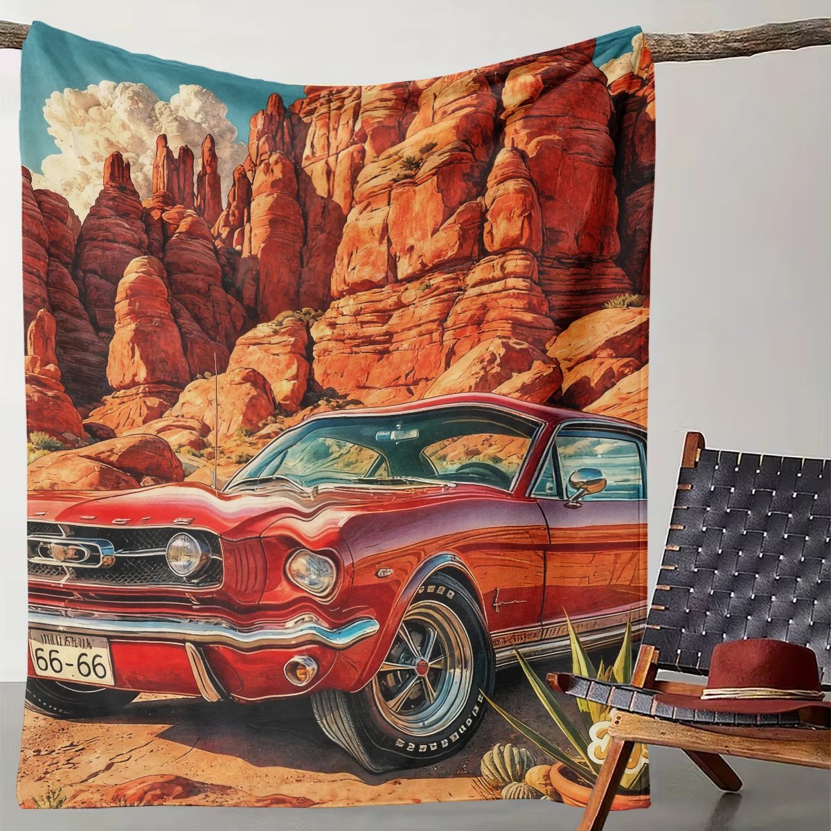 

1 Retro Red Sports Car Blanket American Red Rock Landscape Blanket Cross-border Retro Car Fan Decorative Blanket Suitable