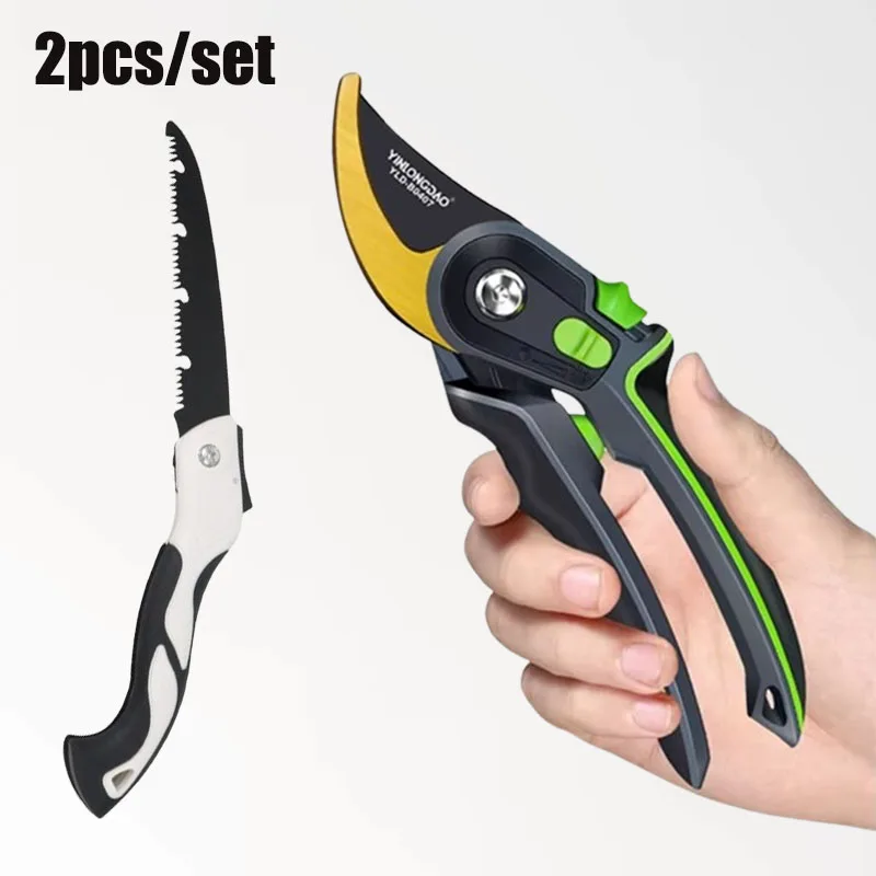 2pcs Professional Garden Pruning Shears Set Handheld Plant Trim/Tree/Orchard Pruning Scissors & 40cm Folding Pruning Saw Set