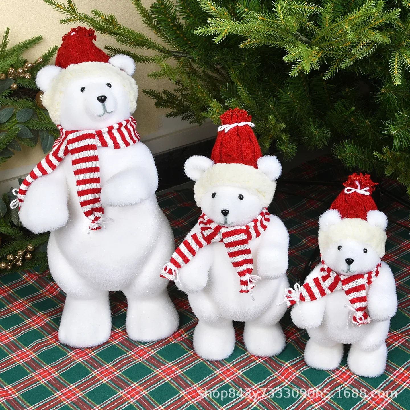 Christmas white flocked bear ornaments decorative supplies medium and small red window exhibition hall
