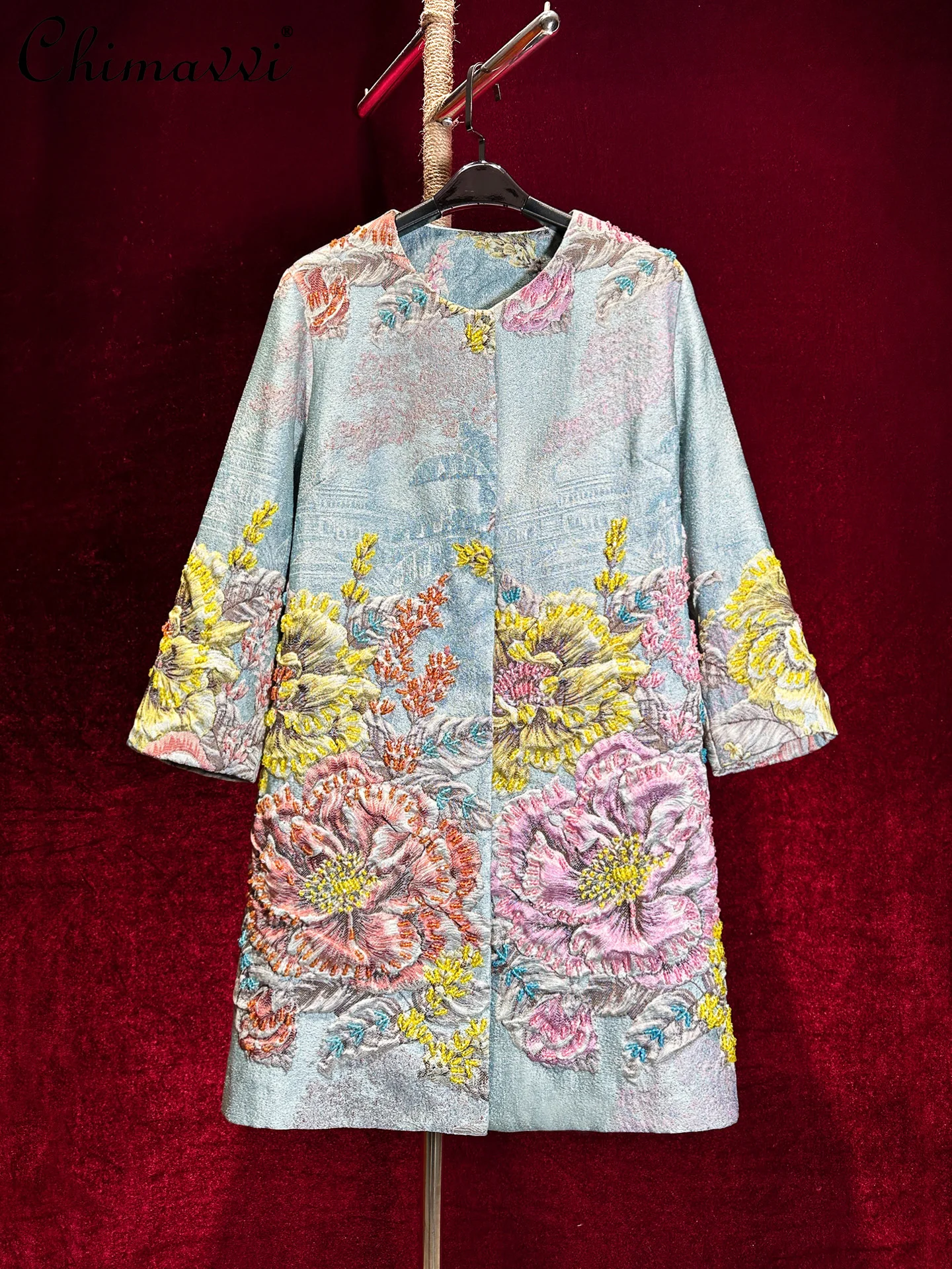 

Высококачественное жаккардовое пальто с тяжелой бисером и вышивкой, роскошное пальто средней длины, женское осеннее модное свободное элегантное пальто с круглым вырезом