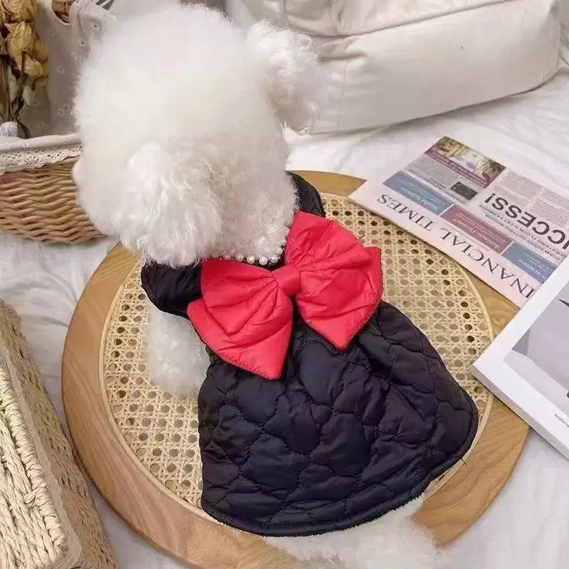 Pet Dog Dresses Winter Big Bow Thickened Dress with Velvet Bow Dress Teddy Bear Dog Cat Coat Puppy Clothes for Small Dogs