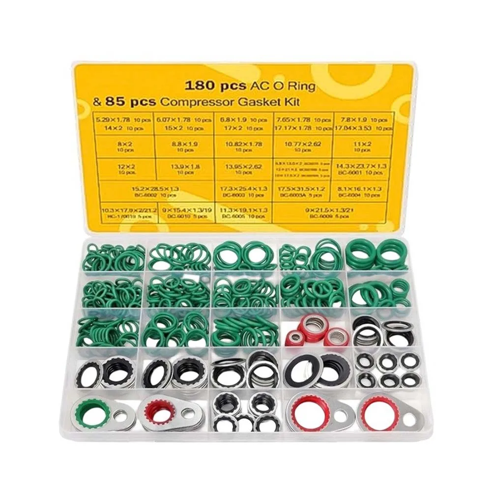 Automotive AC Seal Kit 265Pc Featuring O Rings and Gaskets for R134a Compressor Port Use in Climate Control Repairs
