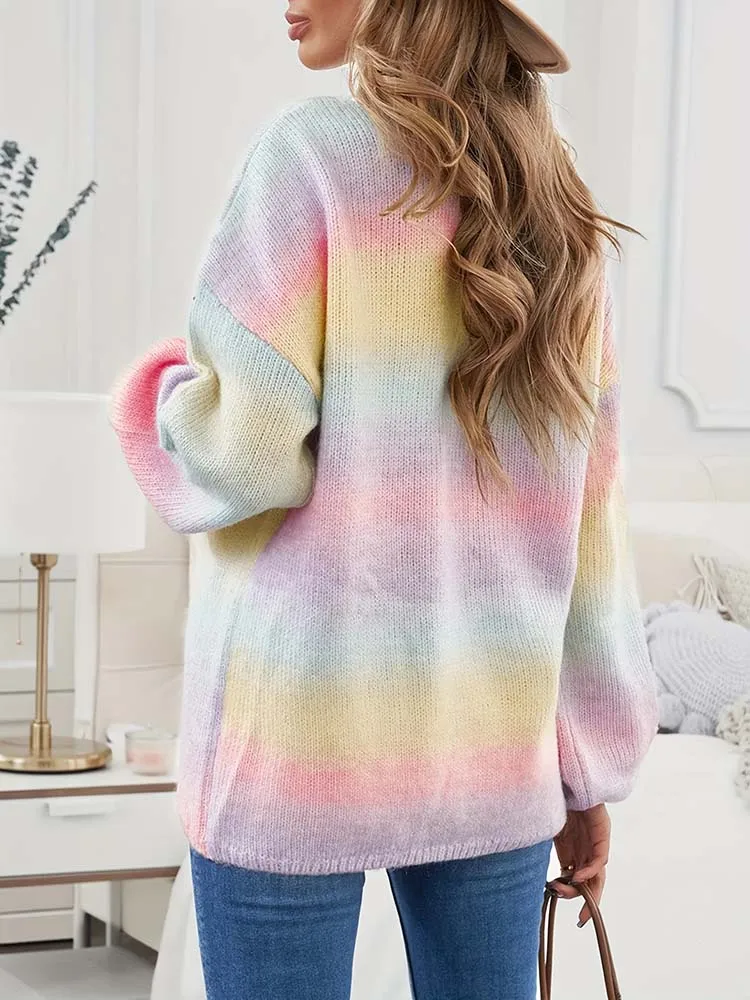 Women's Lazy Wind Gradient Long-Sleeved Wool Cardigan Coat, Loose, Casual, Elegant and Fashionable Joker Women's Sweater Coat.
