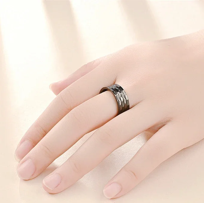 Titanium Stainless Steel Simple Black Irregular Raised Grain Rings for Women Fashion Jewelry Minimalist Accessories