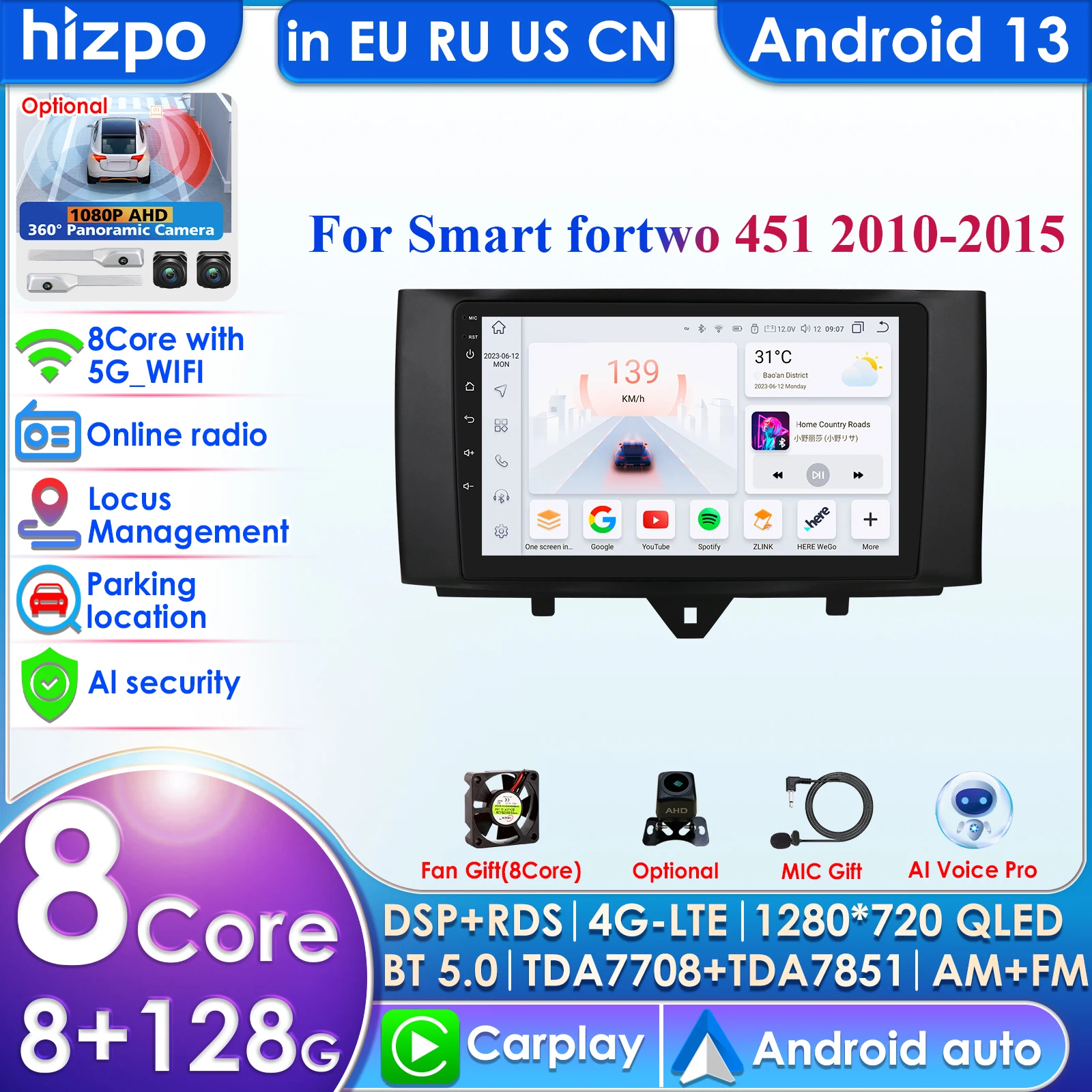 Hizpo Carplay 4G 360 Macchina Fotografica Android 14 Autoradio per Smart Fortwo 2011-2015 Lettore Video Multimediale GPS 2din Autoradio 7862 WIFI