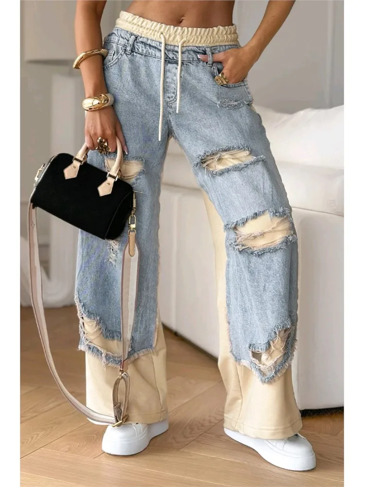 New Holiday Party Ripped Jeans Pants Spring And Summer Woman's Fashion Casual Versatile Drawstring Straight Trousers For Women