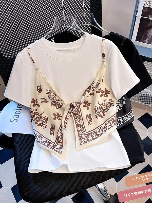 

Корейская футболка с принтом Sle Knot Splice ort Sve, женская дизайнерская круглая футболка Ne Faionable irt oulder Level Top