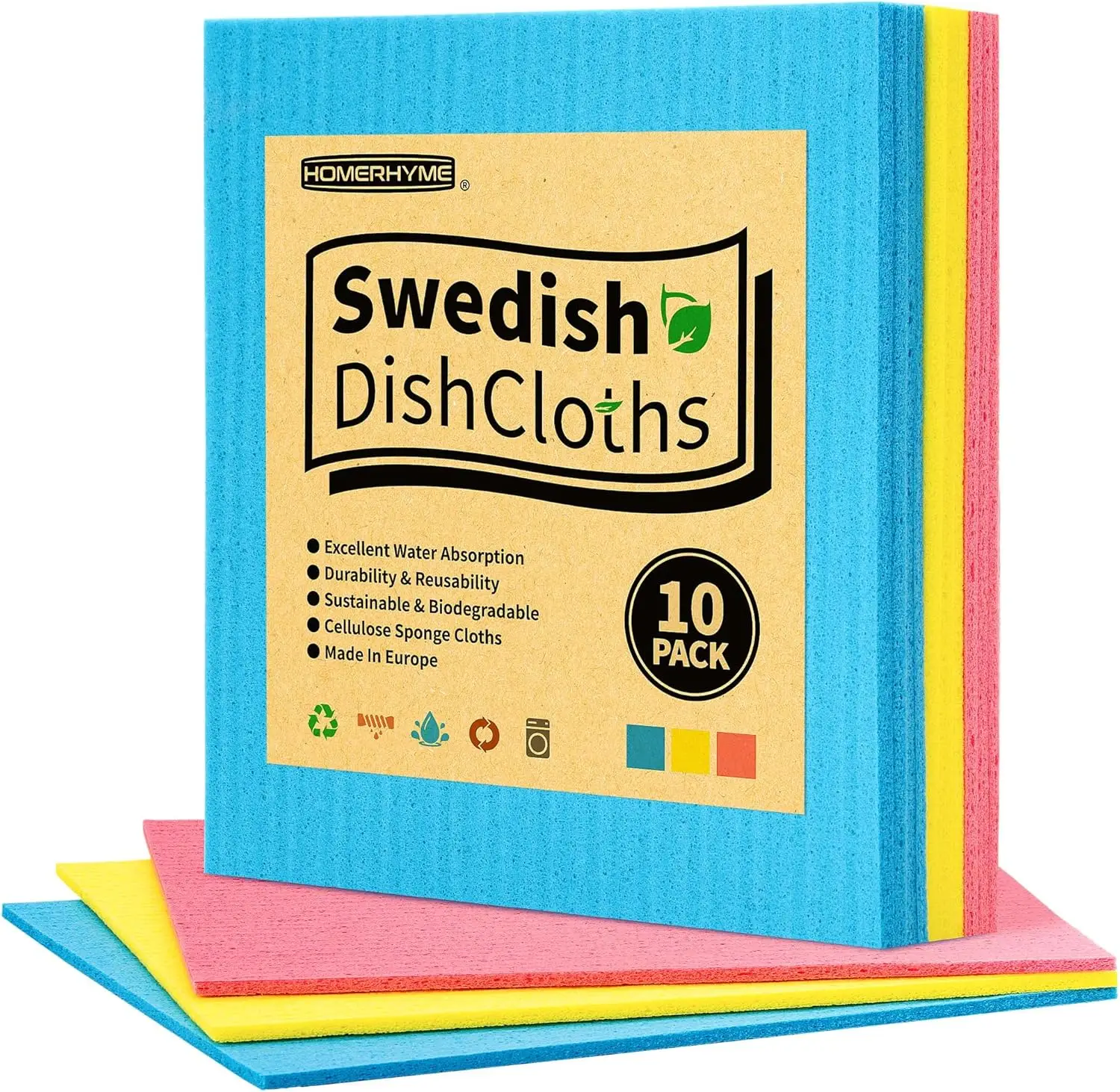 

10 Pack Absorbent Dish Towels, Multipurpose Cellulose Sponge Cloths, Reusable Kitchen Paper Towels for Home