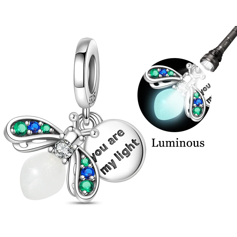 Glow Color Changing Firefly Charms Bead 925 Sterling Silver CZ Zircon Pendants Fit 3mm Original Bracelet DIY Jewelry Birthday Gi