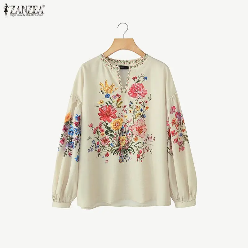 ZANZEA Damska Modna Bluzka Vintage z Nadrukiem Tunika Jesienna Długi Rękaw Latarnia Kwiatowy Wzór Koszule Dekolt V Casual Bluzki Damskie