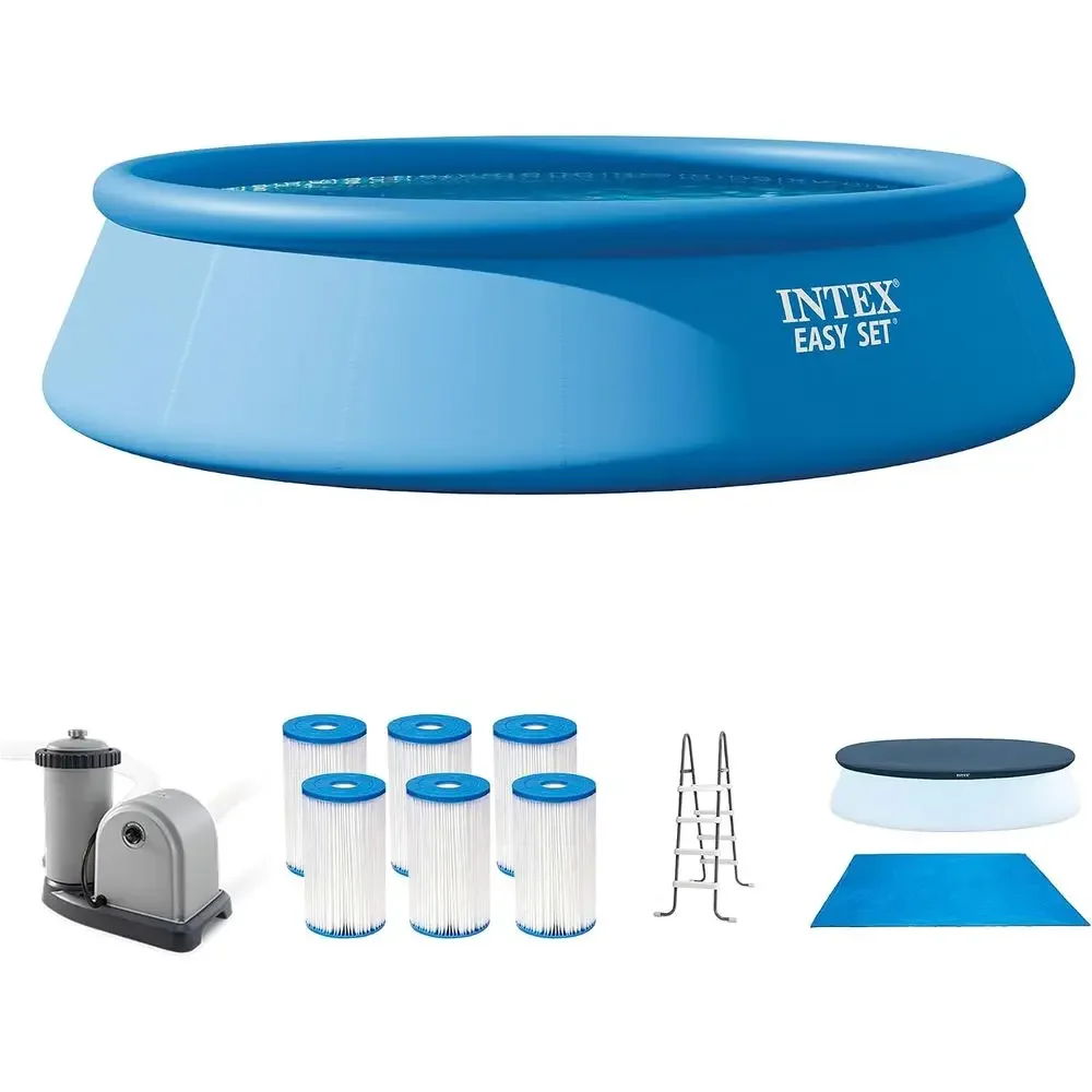 18' x 48 Round Above Ground Pool Set with Filter Pump, Ladder, Cover, and 6 Filter Cartridges, Blue