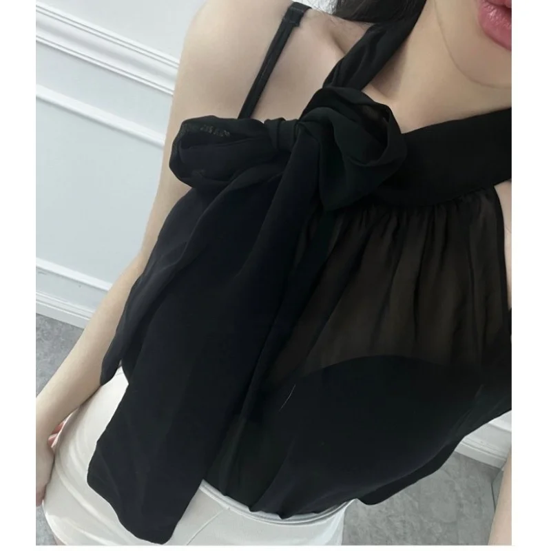 WOMENGAGA Cool Summer White Ruffled Tops Sexy Ribbon Bow Collar Thin Slim Sleeveless Chiffon Shirt Sweet Blouse Top 9XYC