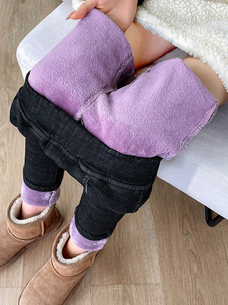 กางเกงยีนส์ผู้หญิงทรงสกินนี่เอวสูงบุผ้ากำมะหยี่หนานุ่มสไตล์เกาหลีแฟชั่นวินเทจสีพื้น