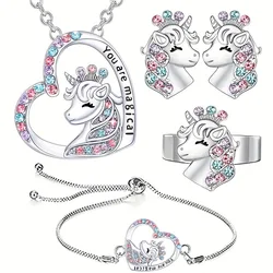 Colorful Heart Unicorn Jewelry Set with Earrings, Necklace, and Rainbow Gemstones for Women and Kids