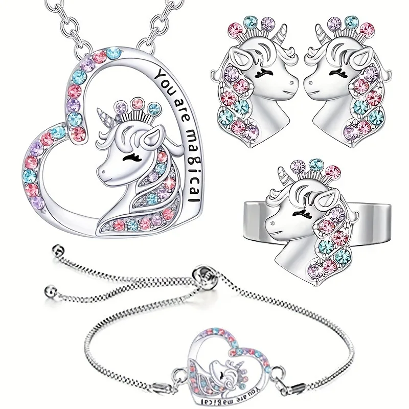 Colorful Heart Unicorn Jewelry Set with Earrings, Necklace, and Rainbow Gemstones for Women and Kids