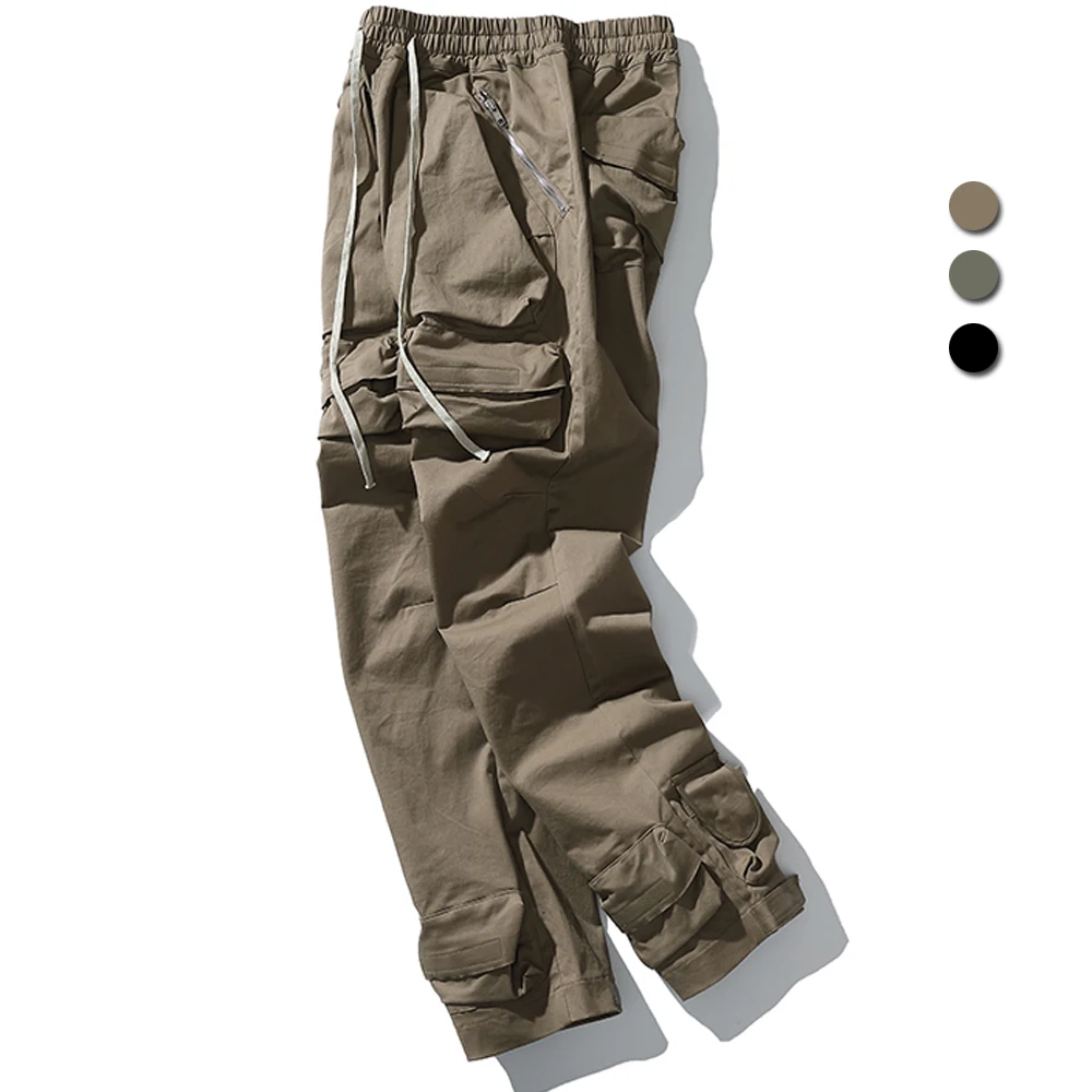 

High Street Multi-pocket Cargo Pants Men Multi-pocket Straight Ribbons Oversize Casual Drawstring Overalls Hip Hop Loose Baggy