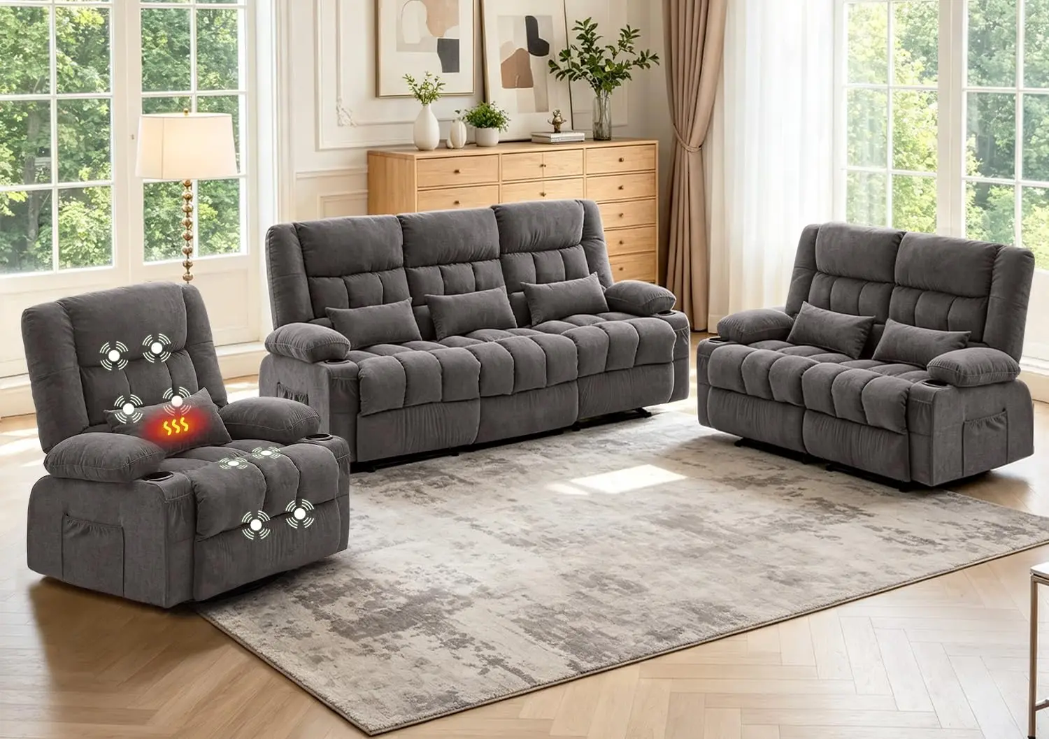 Manual Recliner Sofa Set 3-Piece with Loveseat, Chair, Side Pockets & Cup Holders for Home Theater, Customized