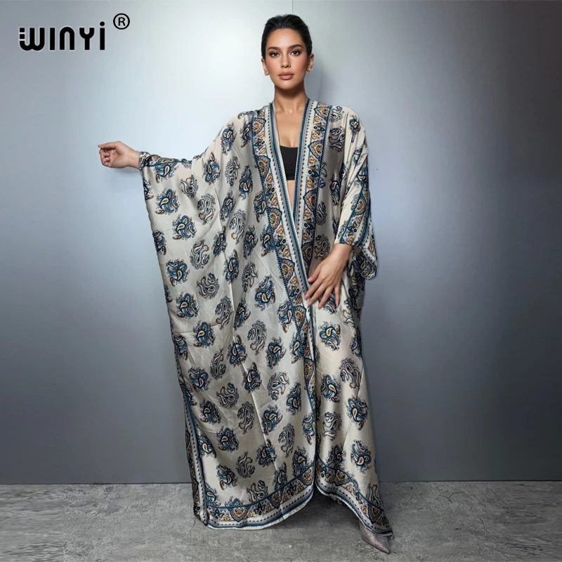 WINYI fashion Kimono Women Printed bubble hem coat Long Sleeve Cardigan abaya dubai luxury beachwear Cover Up boho dress Caftan