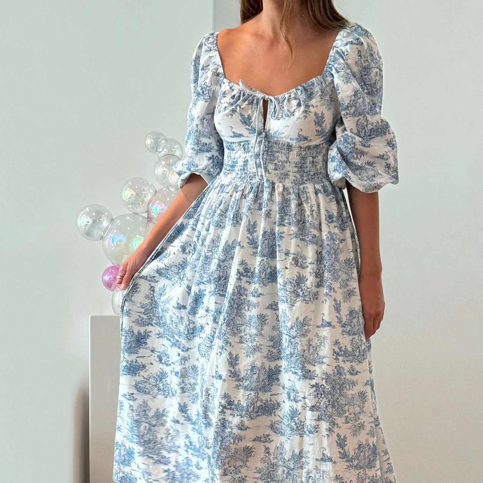 Wysokiej jakości damska długa sukienka na jesień, stylowa, z wiązaniem na kokardę, we wzór kwiatowy, marszczona, z długimi rękawami typu latarnia, codzienna sukienka w kształcie litery A.