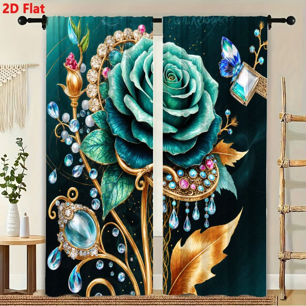 2Pcs Curtains 2D Flat Ornate Fantasy Teal Rose Illustration with Golden Vine Jewels Blue Pink Gems Butterfly Window Drapes for B 3
