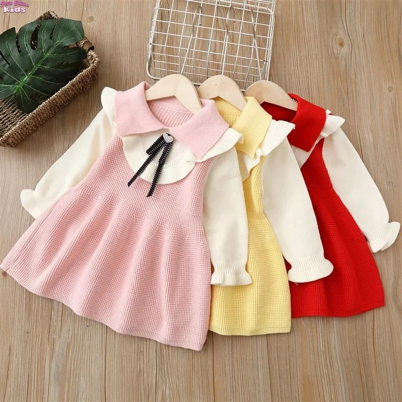 

Kids Girl Knitted Dress 2-6Y Baby Girl Dress Peter Pan Collar with Bow and Ruffles Cute Casual Party Knit Girl Clothes Outfit