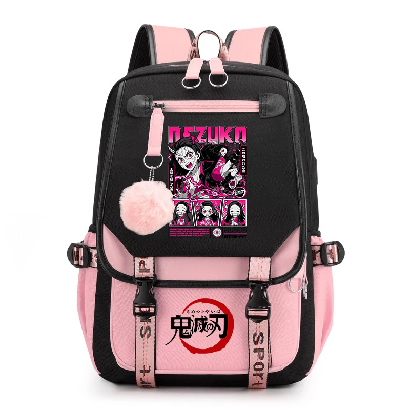 Mochila escolar de anime para niños, mochila informal con diseño de Demon Slayer para niñas, estudiantes, bolsa para libros
