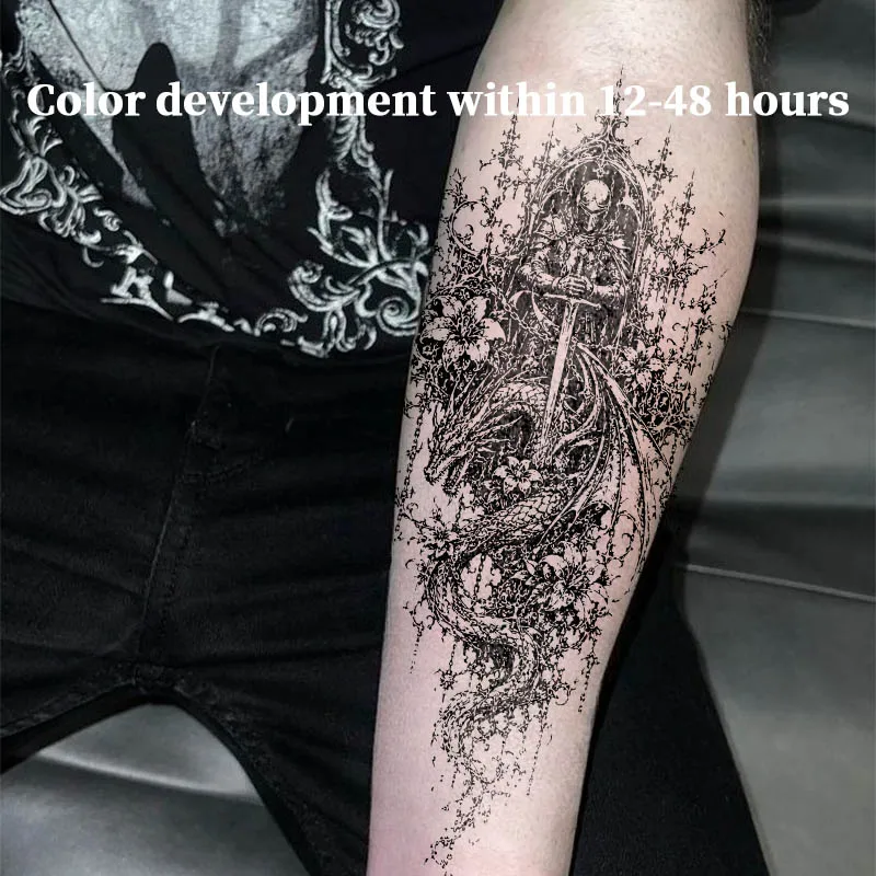 Temporary Tattoos Dark Gothic Cathedral Knight Dragon Floral Herbal Juice Tattoo Sticker Fake Novelty in Toys Cheap Goods Tatoo