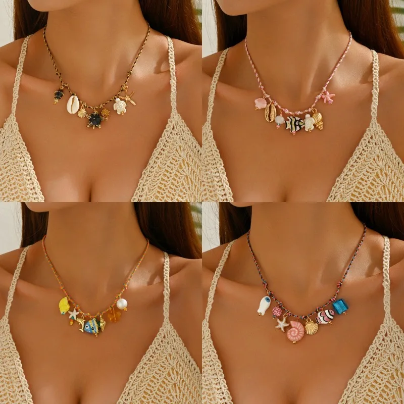 Fashion Ceramic Fish Pendant Necklaces for Women Girls Cute Orange Weave Shell Dopamine Beach Party Necklace Gift image 2