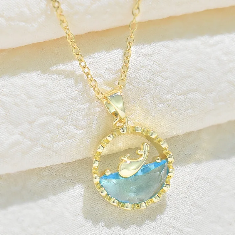 Ocean Elements Gold Color Blue Zircon Seawater Gold Color Whale Pendant Necklace Women's Vacation Luxury Jewelry Necklace Gifts