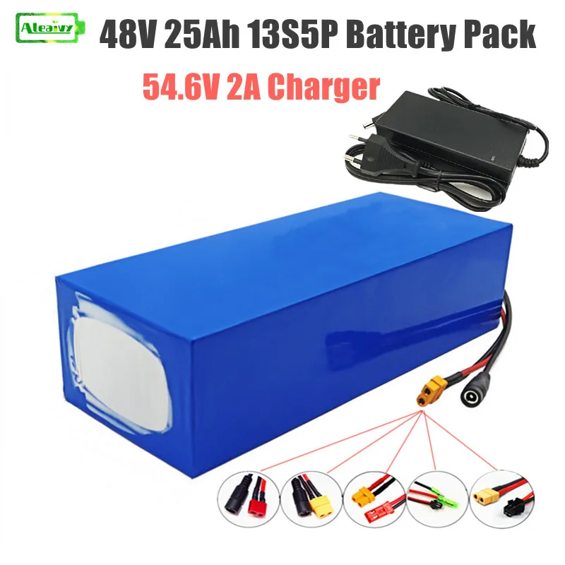 

Aleaivy Electric bicycle battery 48V 25Ah 18650 lithium-ion rechargeable battery pack 13S5P1000W+54.6V 2A charger+XT60 plug