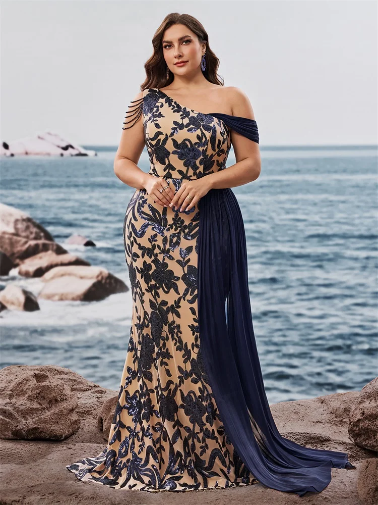 

Plus Size Elegant Beading Gold Sequin Evening Dresses Long Luxury Women Formal Mermaid Party Prom Cocktail Gowns