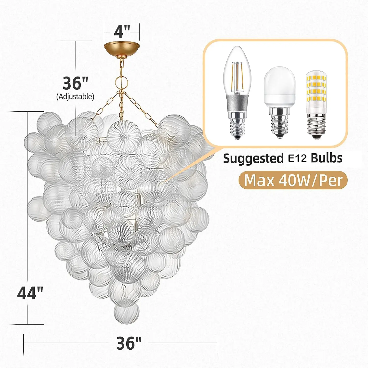 Mid Century Bubble Ball Swirled Glass Chandelier, 2-Layer Cages Gild Gold and Clear Blown Glass Large Pendant Light Fixture for