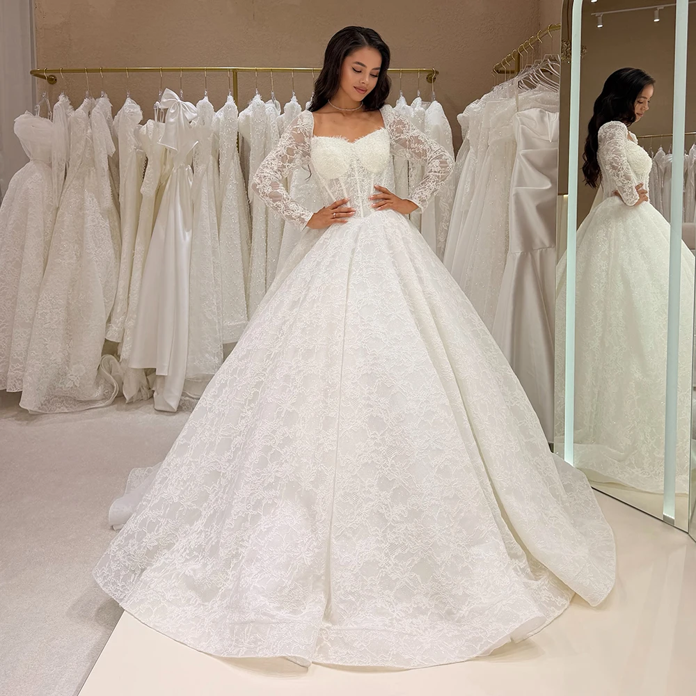 Lace Wedding Dresses Square Collar Long Sleeve A Line Bride Dress Sweep Train Elegant Princess Church Bridal Gown Customized