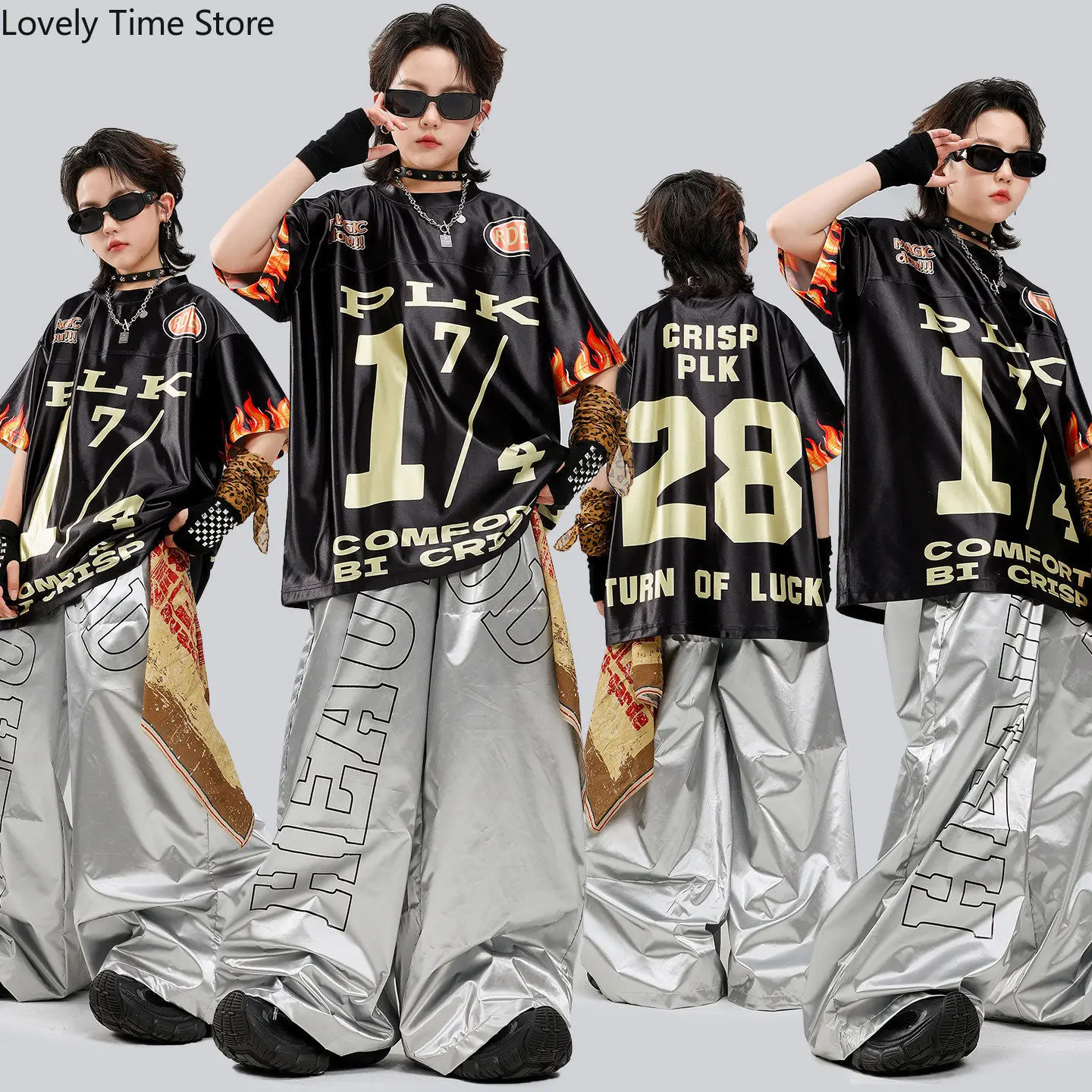 Boys Hip Hop Letters Shiny T-shirt Street Dance Loose Silver Pants Girls K-pop Clothes Set Kids Jazz Costume Children Streetwear