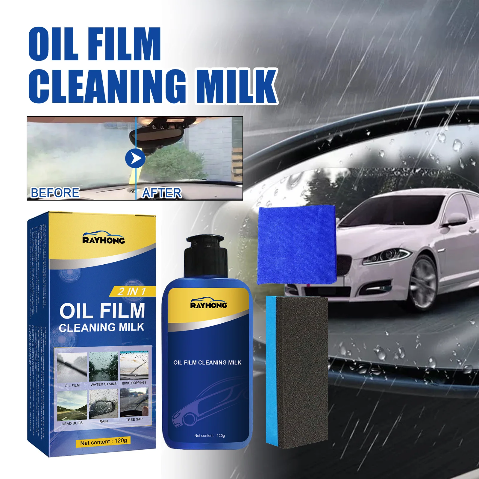 Car Glass Remover Cleaner Kit Windshield Window Oil Film Remover Clean Stains Tools Restore Clear Vision Auto Detailing 120G