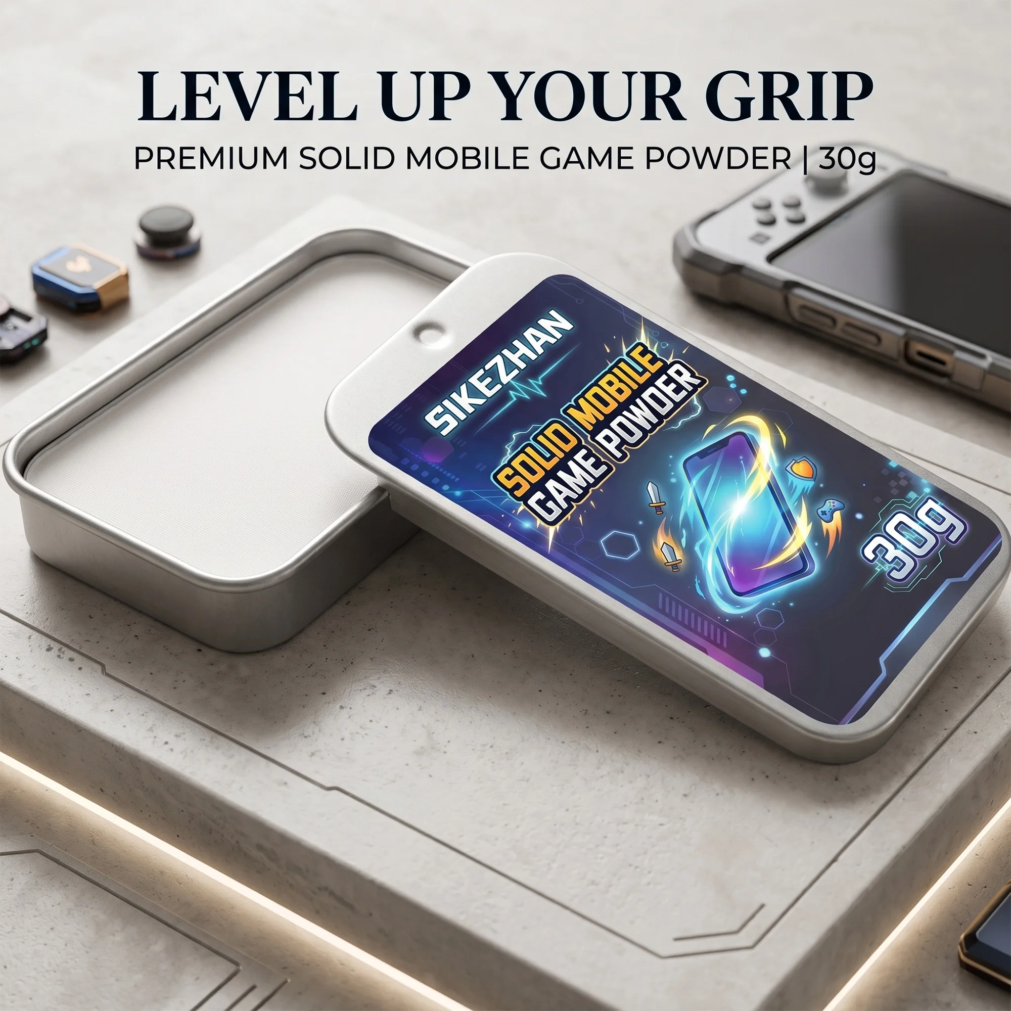 SIKEZHAN Solid Mobile Gaming Grip Powder to Combat Sweaty Hands & Enhance Precision, 30g Portable Tin for Esport, Phone Game
