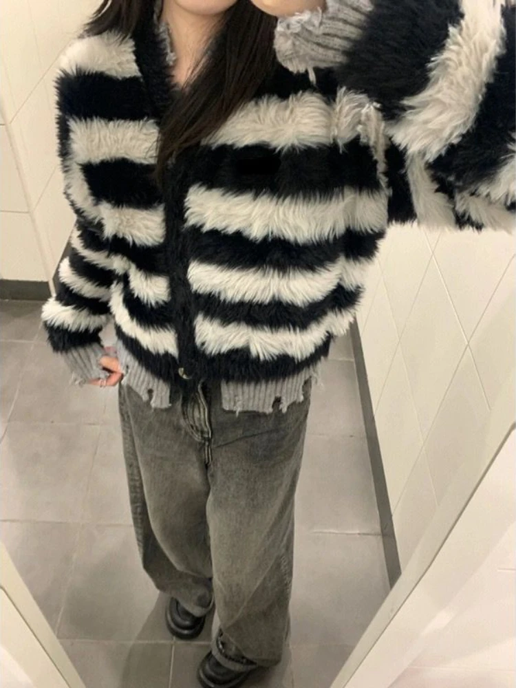 Deeptown Harajuku Striped Knitted Cardigan Women Vintage Grunge Hollow Out Cropped Sweater Retro V-neck Loose Knitwear Tops Kpop