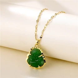 Vintage Green Smiling Maitreya Buddha Pendant Stainless Steel Necklaces For Women Lucky Guard Female Clavicle Chain Jewelry Gift