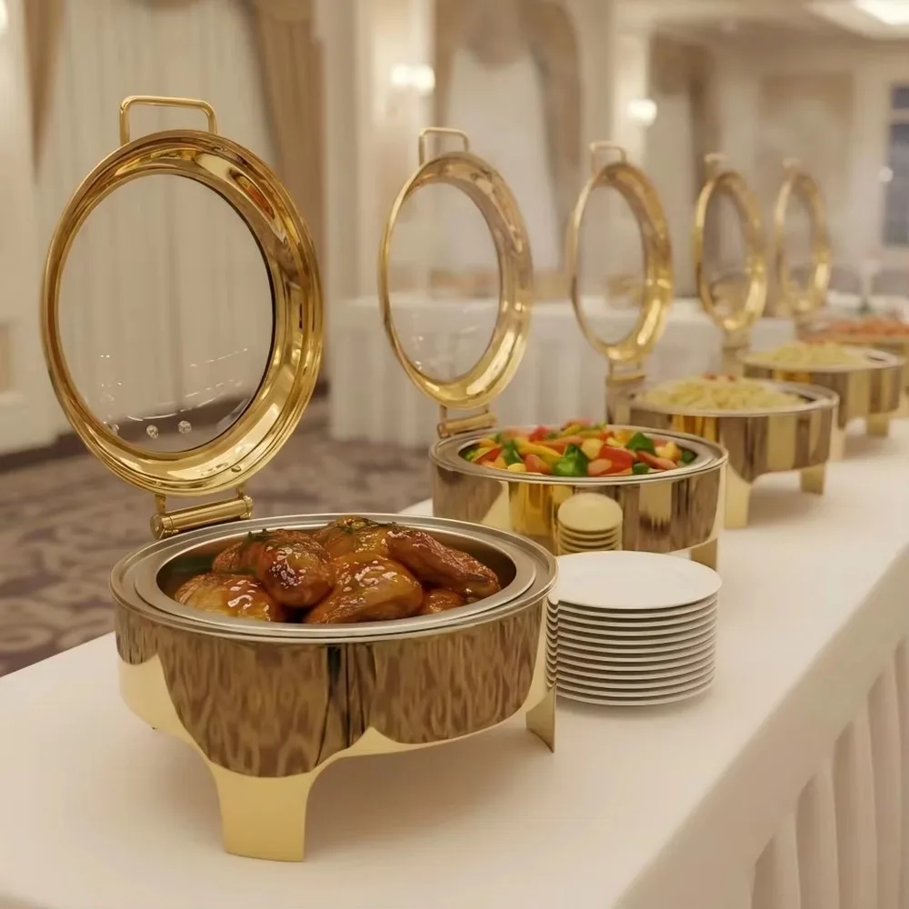 LIYUNDA Stainless Steel Chafing Dish Buffet Food Warmer Set 6L Thickened Gold with Hydraulic Glass Lid for Catering