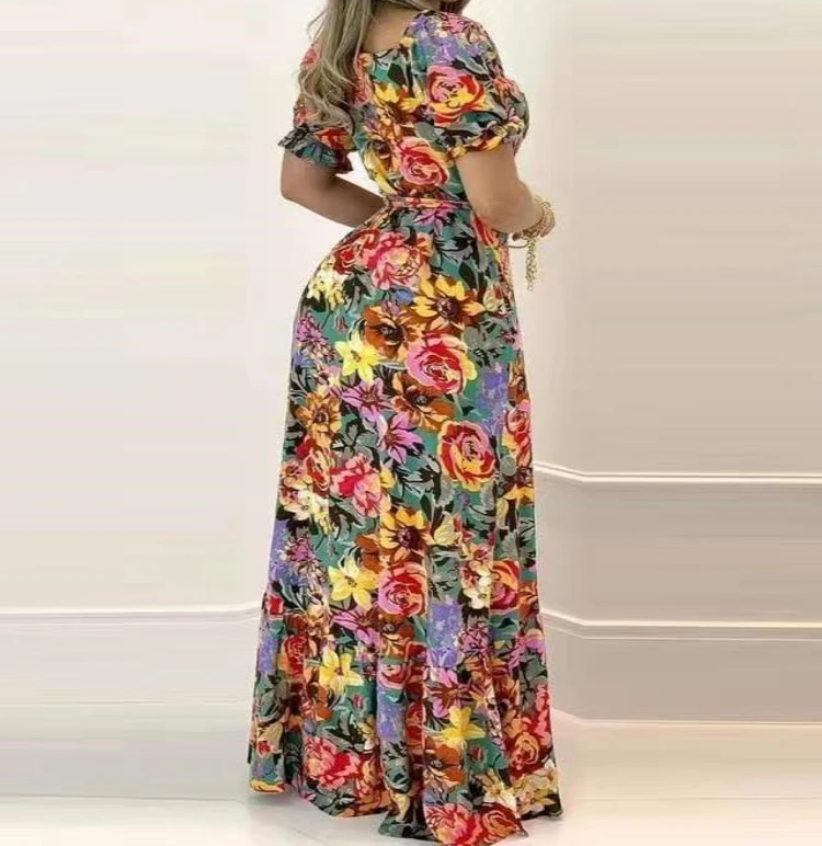 Long Dress Woman Streetwear Spring and Summer 2024 Fashion Versatile Elegant Short Sleeved Printed V-neck Waist Tied Dresses