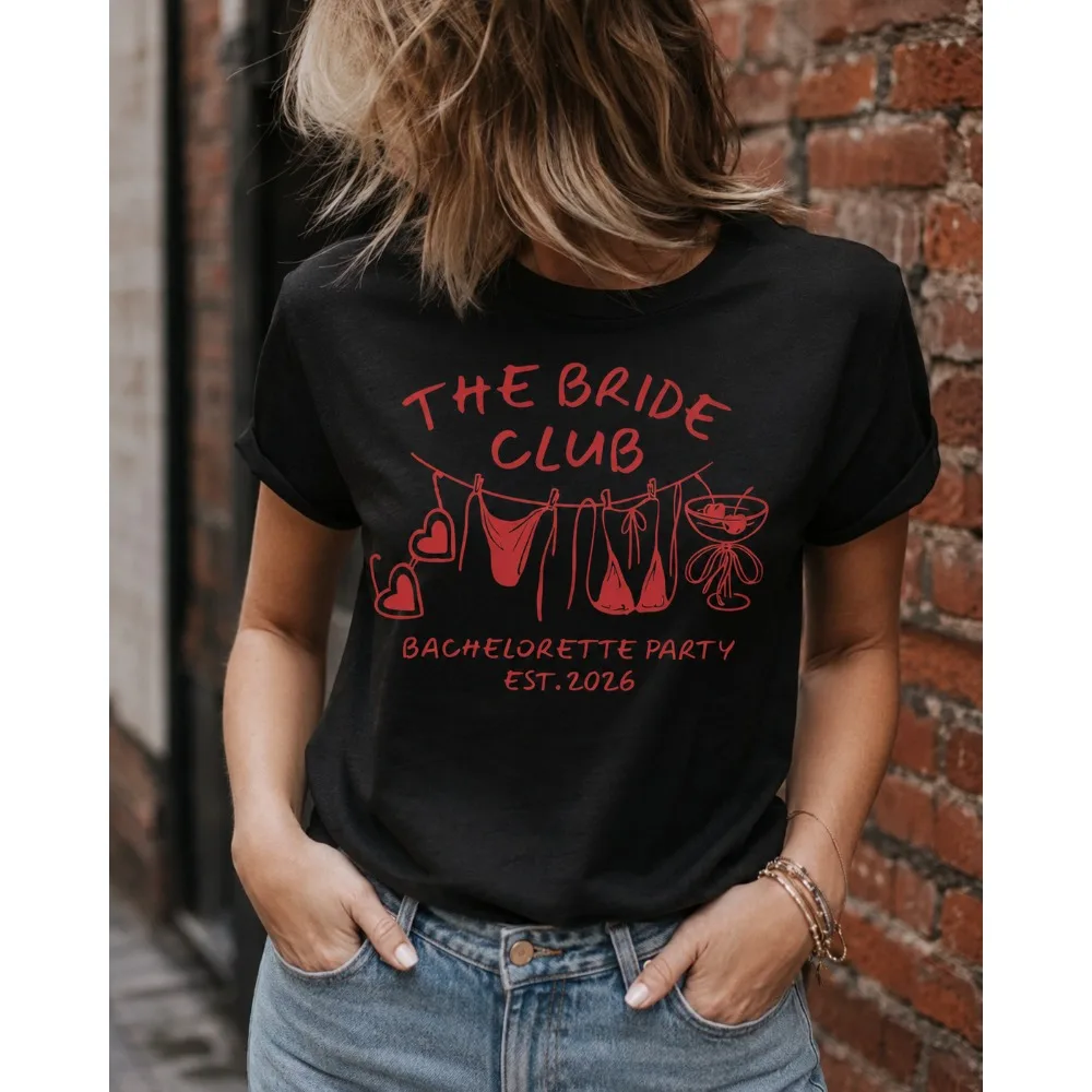 The Bride Club Bachelorette Party Graphic Print T-shirt Short Sleeve Crew Neck Casual Top for Summer and Spring Women Clothing