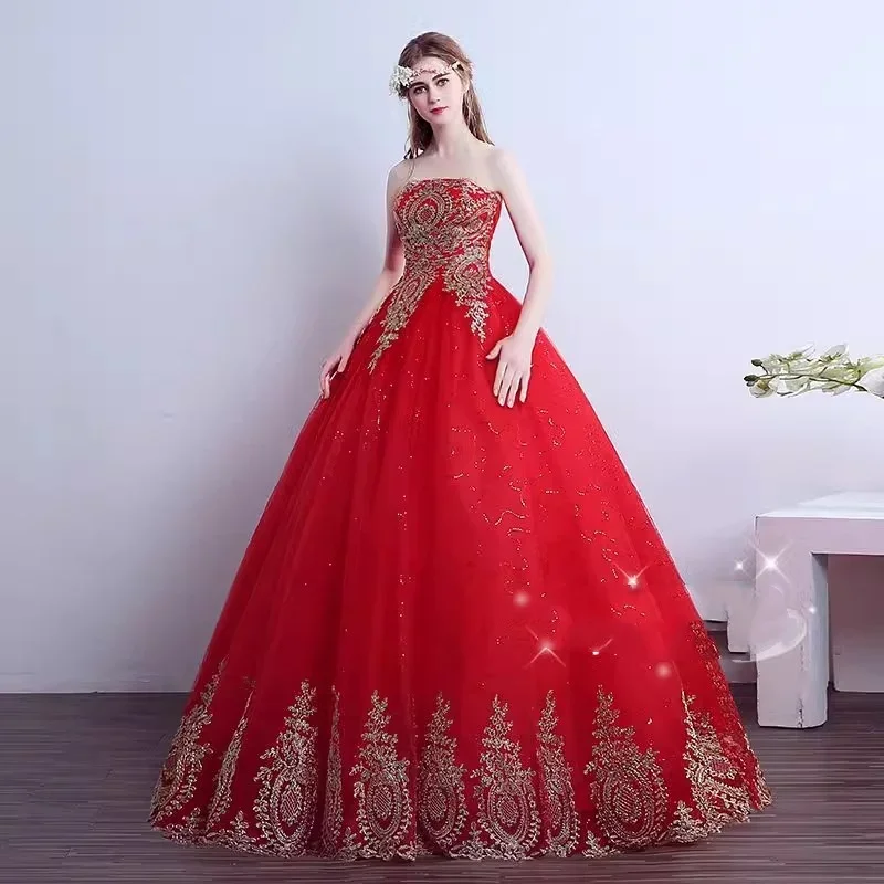 Cheap Red Weddding Dresses Bling Golden Appliques Strapless Lace up Princess Floor-length Plus size Bride Ball Gown Simple XN015