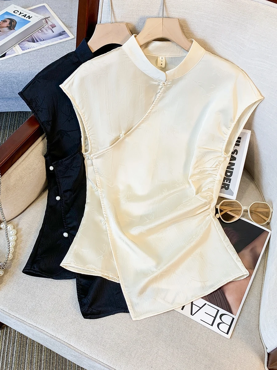 

New Chinese Sle Summer irt Women's Svel Satin Qipao Slim Fit Floral Embroidery Top Trendy Regular Fit Casual Wear