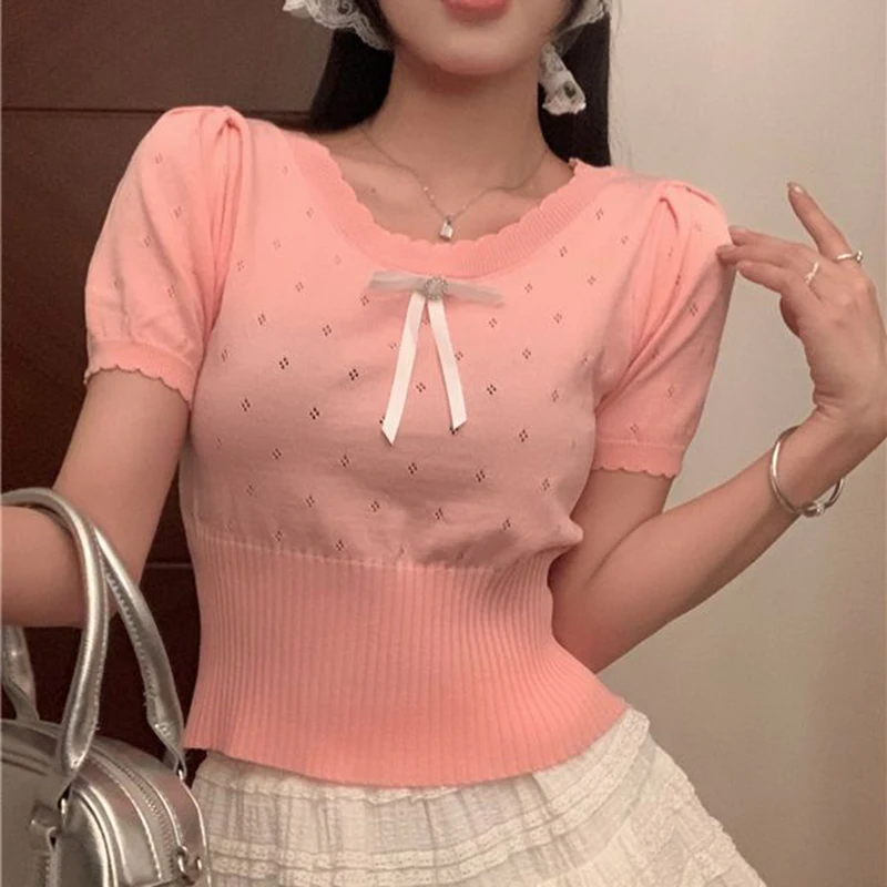 Rimocy Sweet Lace Bow T Shirts Women Summer Pink Kawaii Y2k Short Sleeve Crop Tops Woman 2000s Slim Roum Neck Knitted Tees Mujer