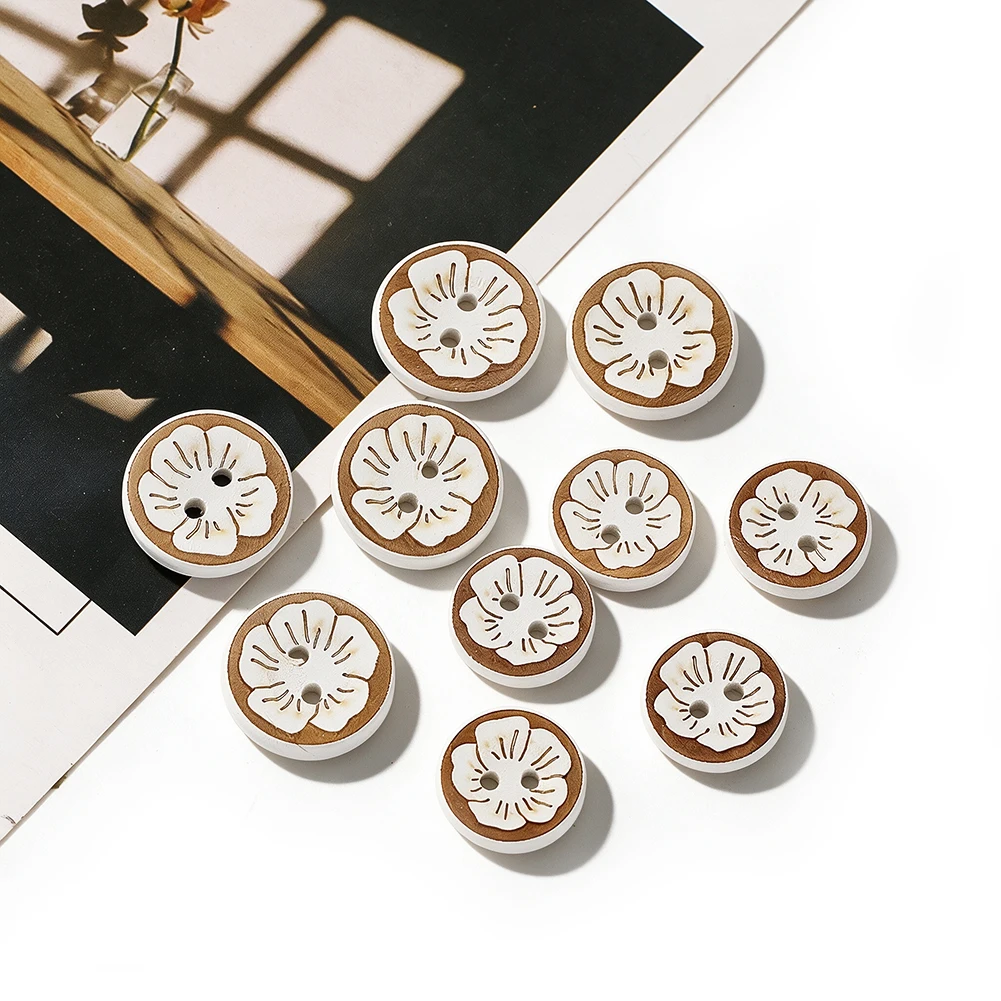 Two Holes Buttons Carved White Flower Round Hand Sewing Buttons For Shirts Dresses Linen Clothes DIY Garment Craft Accessories