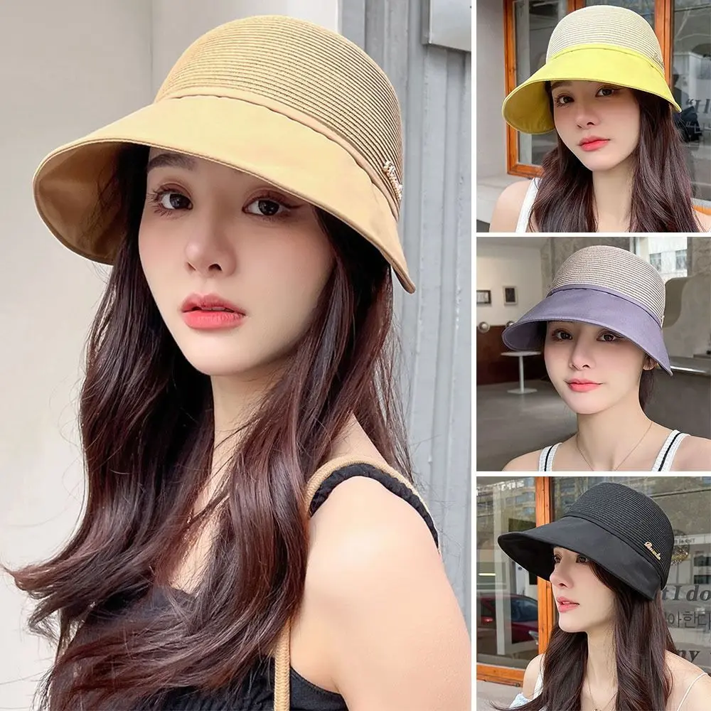 Spring and Summer Bucket Hat Stitching Temperament Sunscreen Straw Sunshade Peaked Cap Breathable Foldable Korean Women's Hats