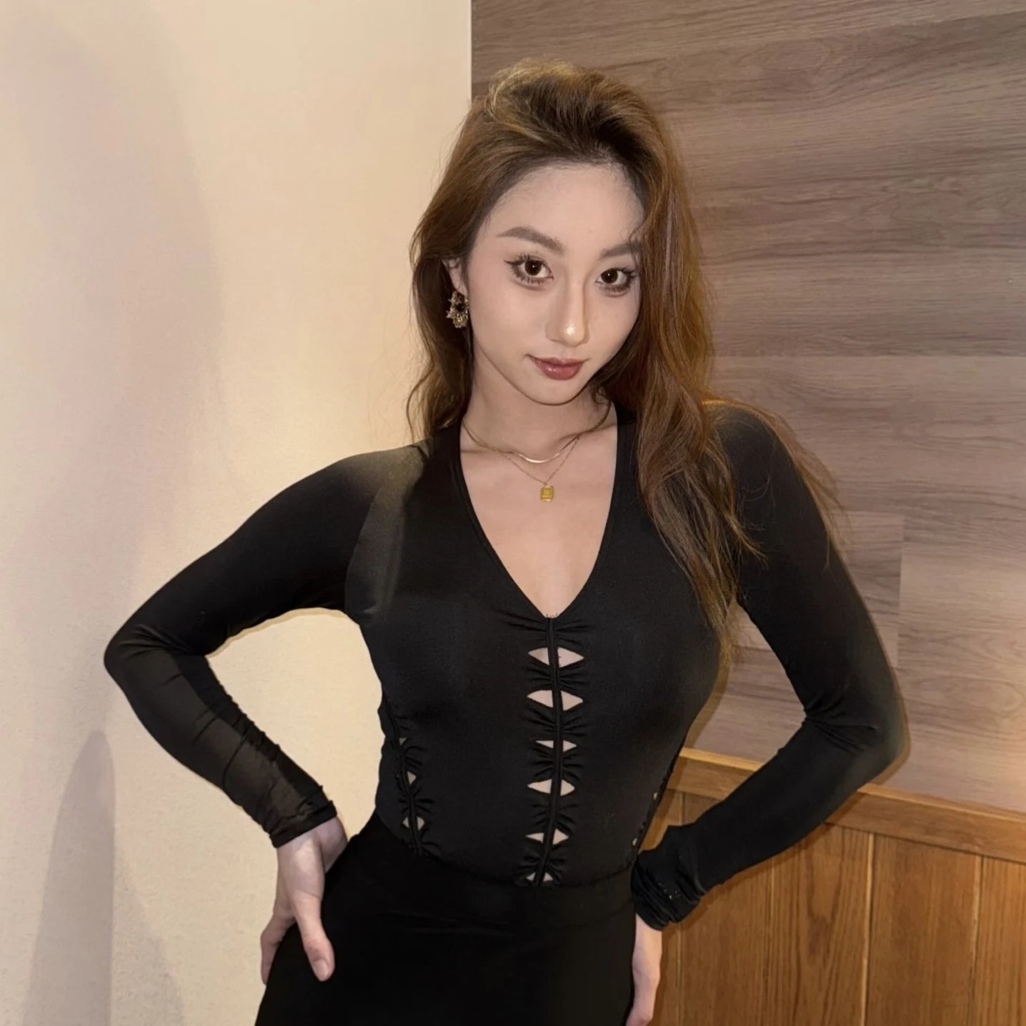 Adult Latin Ballroom Dance Tops Sexy Long Sleeves Hollow Out Bodysuit Women Practice Clothes Rumba Chacha Dance Clothing BL19967