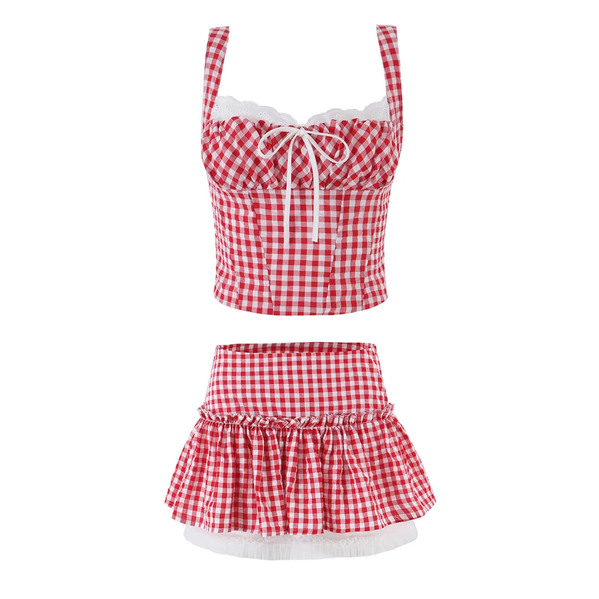 

Dave&di Retro Red Grid Lace Strap Strap Small Top+low Waist Pleated Mesh Puff Short Skirt Set New Two Piece Set Women's Suit